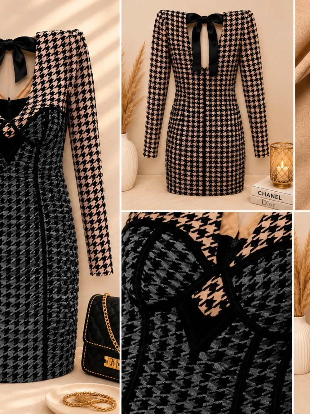 ASOS Black and Beige Houndstooth Long-Sleeve Bodycon Dress with Bow Back - Picture 6 of 6